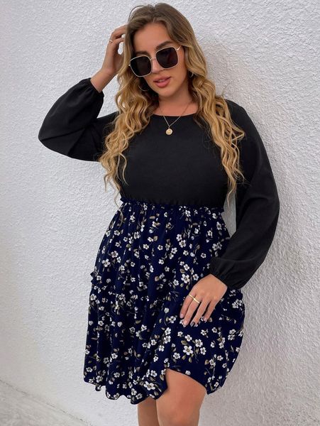 

plus floral print lantern sleeve ruffle hem dress v4hz#, Black