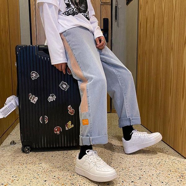 

2020 autumn and winter new youth popular loose large size contrast jeans fashion casual all-match simple straight-leg pants, Blue