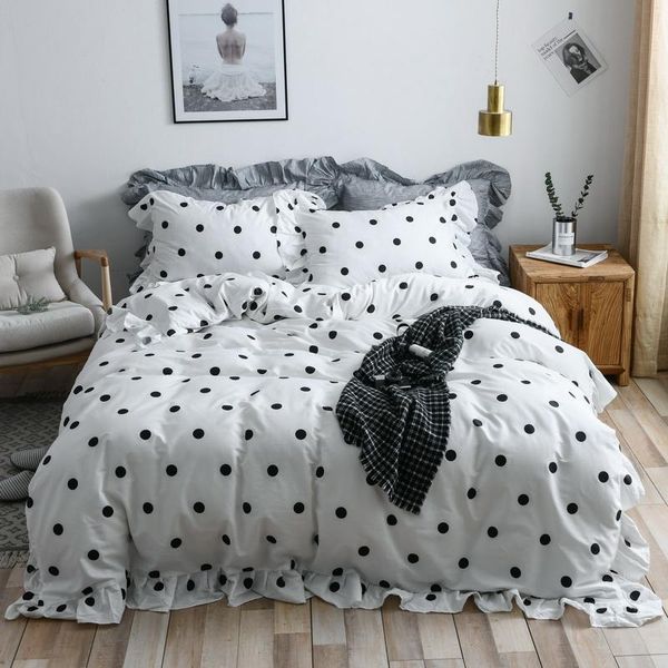 4-teiliges Twn-Queen-Size-Bettwäscheset aus 100 % Baumwolle, luxuriöser Weiß-Schwarz-Grau-Rüschen-Bettbezug, ultraweiche Bettlaken-Kissenbezüge T200706