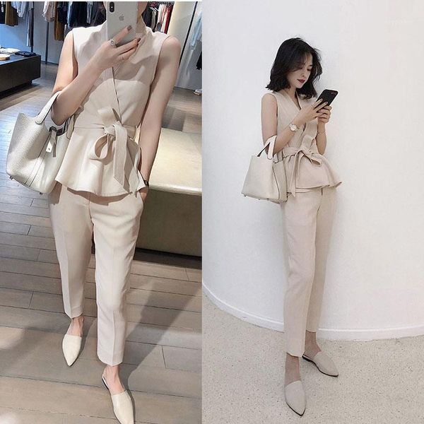 

women's two piece pants set female summer temperament solid color sleeveless small suit vest + casual nine elegant two-piece suit1, White