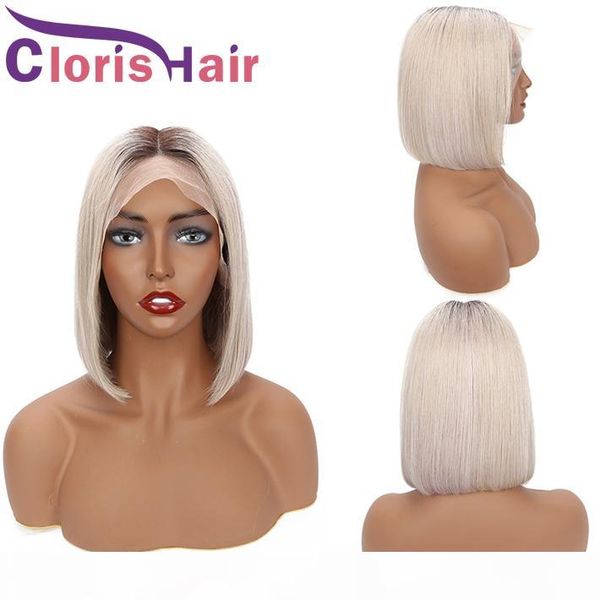 

pre plucked hairline 1b silver ombre human hair short wig brazilian remy straight pixie cut glueless lace front bob wigs for black women, Black;brown