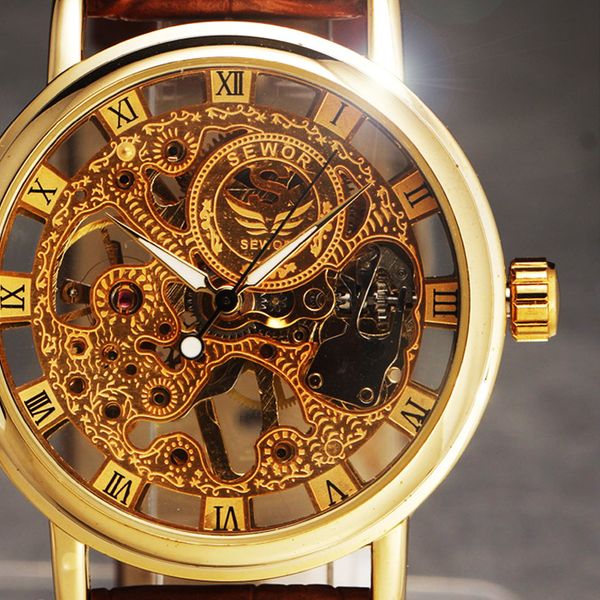 

повседневный новая мода sewor марка скелет мужчины мужской military army clock классический роскошный золотой механический ручной ветер нару, Slivery;brown