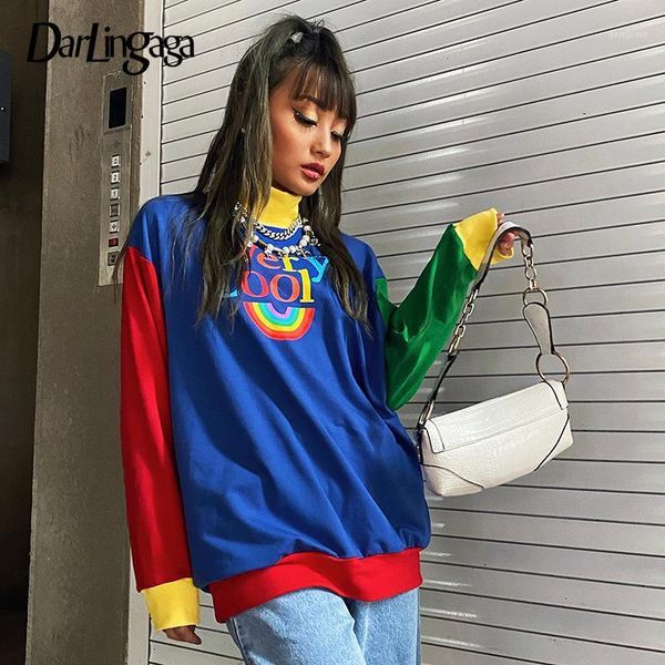 

darlingaga streetwear patchwork turtleneck sweatshirt women letter print loose pullover contrast color sweat shirts autumn1, Black