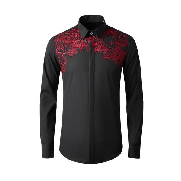 

new fashion spring china fengsong forest and sketch embroidery long sleeve men casual shirts plsu size -4xl, White;black