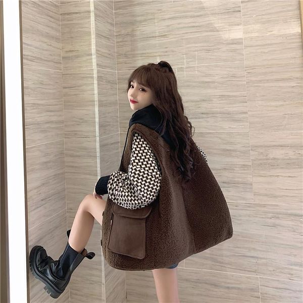 

2021 new lamb hair waistcoat jacket korean waistcoat thick cashmere lamb girl women winter vest coats for women, Black;white