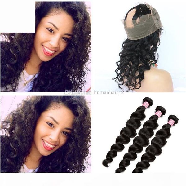 

brazilian human hair 3 bundles with 360 lace frontal closure virgin 8a grade loose deep wave 360 lace frontal closure with bundles 4pcs, Black;brown