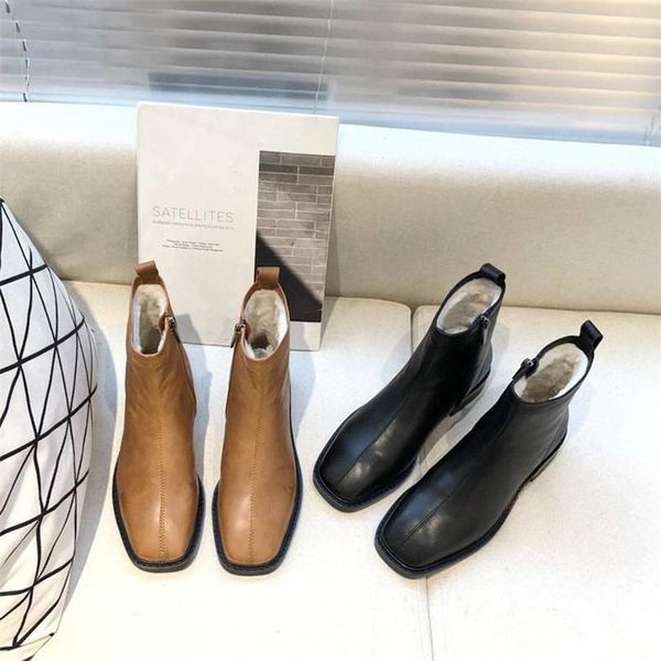 

women ankle boots genuine leather solid color zipper female shoe autumn winter square toe flat anti slip, Black