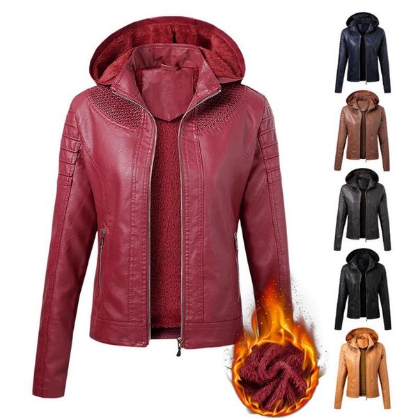 

women's leather & faux women thermal jacket plus velvet detachable hooded high-quality 2021 autumn winter, Black