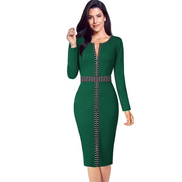 

vfemage women autumn winter elegant front zipper contrast long sleeve slim work office business party cocktail sheath dress 1520 lj201202, Black;gray