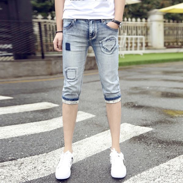 

1wmrt summer thin ripped cropped men's slim stretch fashion br summer youth ripped and cropped jeans thin youth slim stretch fashion br, Blue