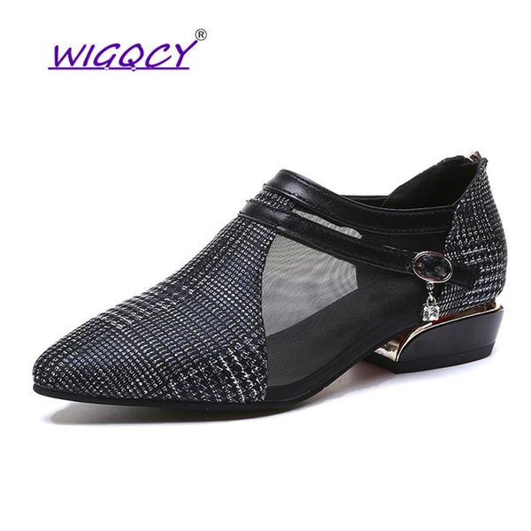 

breathable mesh pumps women shoes new spring autumn shoes women elegant rhinestone square heel female gingham zipper pumps, Black