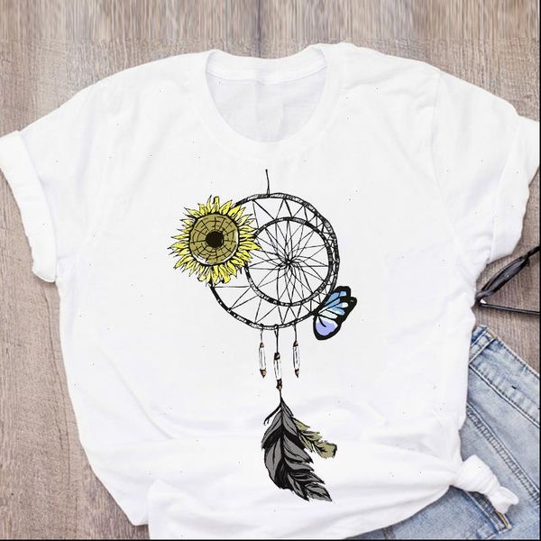 

women graphic sunflower feather vintage clothes short sleeve summer t shirt lady womens clothing tee female t shirt, White