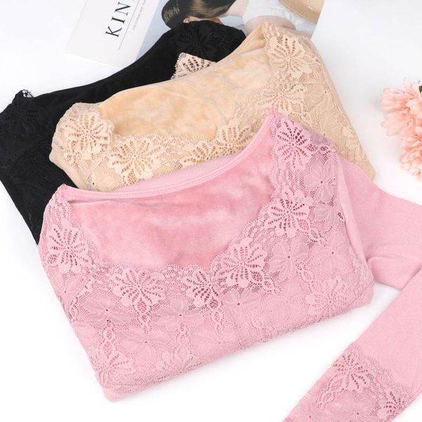 

big neck lace with cashmere thickening warm underwear thermal long johns velvet ladies bottoming shirt cuffs pink female1, Black;pink