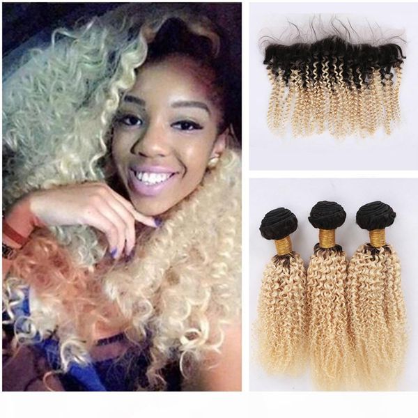

dark root afro kinky curly malaysian virgin hair weaves with lace frontal blonde ombre #1b 613 human hair bundles with lace frontal closure, Black;brown