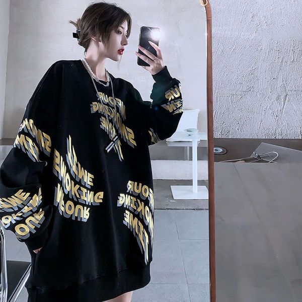 

plush ins fashion brand large thick crew neck sweater for men's korean version loose bf languid hip hop couple autumn and winter, Black