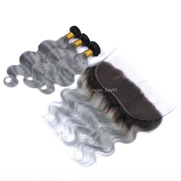 

9a grade 1b grey ombre hair with lace frontal closure with bundles dark root silver grey body wave 13x4 lace frontal with bundles, Black;brown