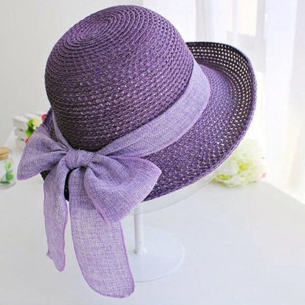 

wide brim hats women elegant flat bow seaside beach sun protection folding head wear korean style straw hat summer gift, Blue;gray