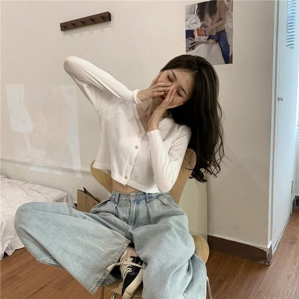 

women v neck knitted casual short sweaters cardigans lady full sleeve thin cardigan outwear crop for female, White;black