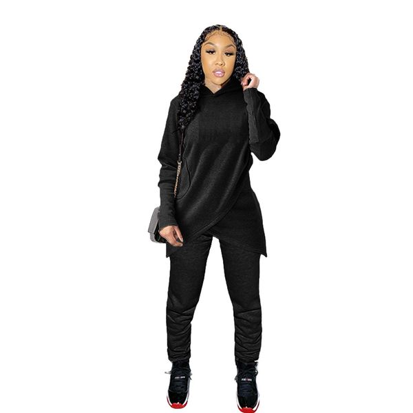 

women irregular two piece sets hooded long sleeve pocket hoodies solid color pants ladies 2pcs sets, White