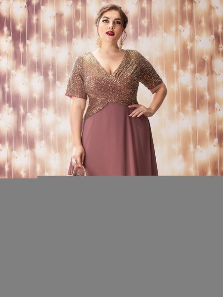 

plus sequin insert plunging neck chiffon prom dress f6th#, Black