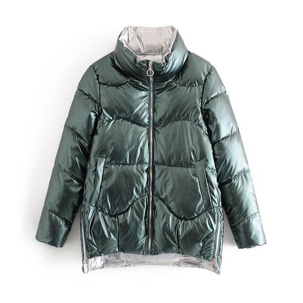 

new women parkas 2020 short glossy down cotton jacket coats zipper padded waterproof parka pocket stand collar shiny coat, Black
