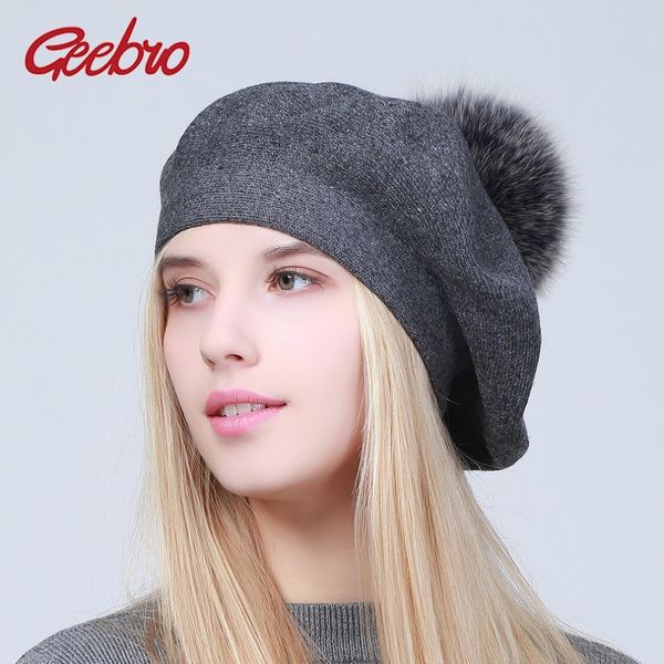 

geebro women's beret hat winter casual knitted cashmere berets with raccoon fur pompom femme french solid artist beret cap 201026, Blue;gray