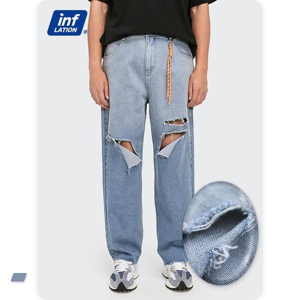 

inflation men's stretch loose fit jeans 2021 new ripped hole hip hop denim pants men blue straight jeans pant streetwear 3613s21