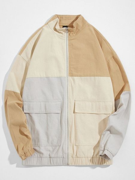 

men flap pocket colorblock coat r6do#, Black;brown