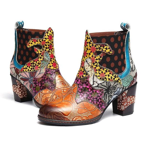 

women boots retro pu leather splicing high heel dress short boots ladies shoes women shoes botas mujer 2020, Black