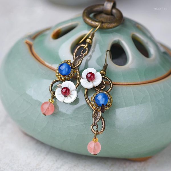 

vintage shell flower earring for women ethnic copper alloy drop dangle earrings pink crystal earring party femme fashion jewelry1, Silver