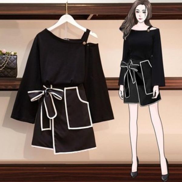 

large size women's clothing 2020 summer new fat mm200kg foreign style suit cover meat show thin age reduction dress two piece set, Black;gray