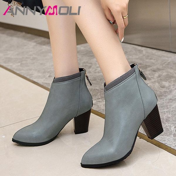 

boots annymoli high heel woman thick ankle pointed toe short zip ladies shoes autumn winter black gray size 46