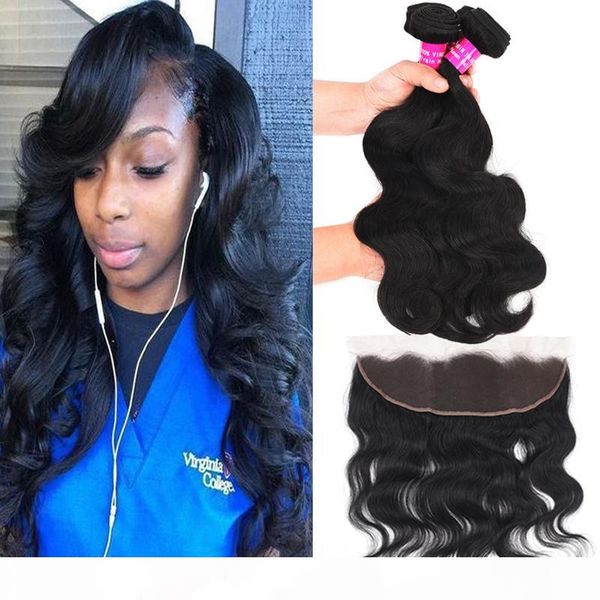 

9a brazilian body wave with 13x4 ear to ear lace frontal closure body straight deep wave kinky curly water wave loose with frontal closure, Black