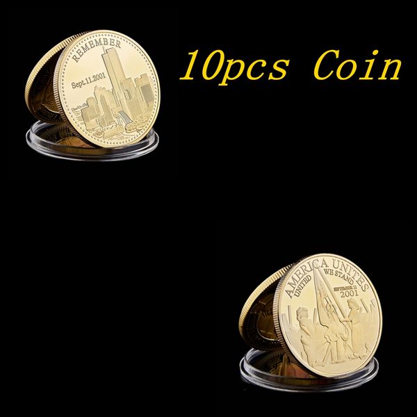 

10pcs 2001.9.11 remember attacks statue of liberty america heroes goodness gold coins souvenir medal craft