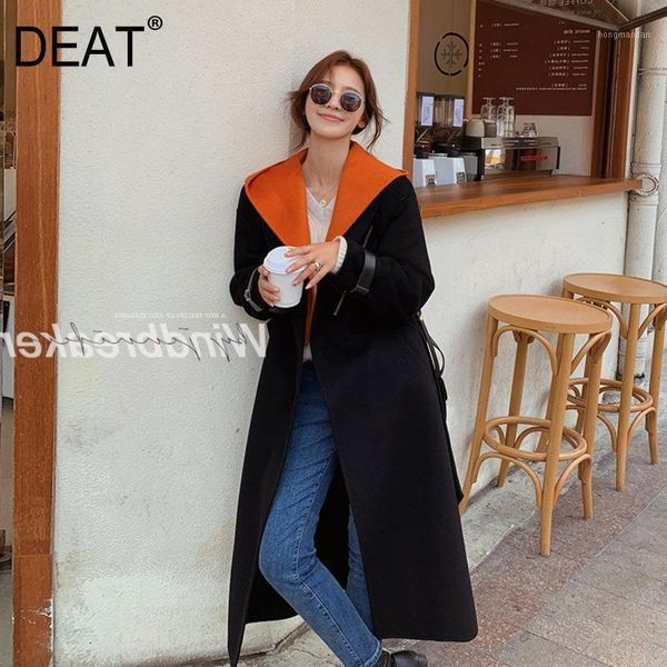 

deat] orange hit color removable hooded collar slim waist woolen coat women full sleeve long zipper 2020 new autumn tide tu3911, Black