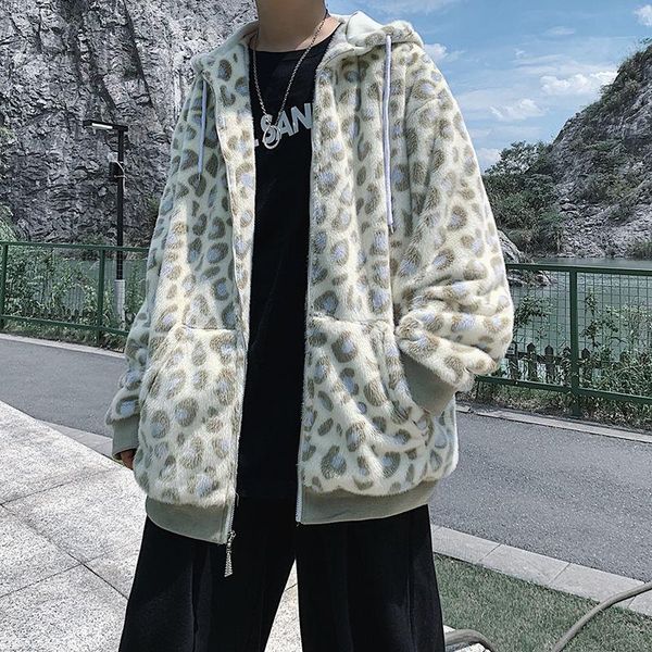 

2020 winter men's fashion snow jackets in warm hooded leopard cotton-padded clothes loose fur thickened plush coat casual parkas, Black