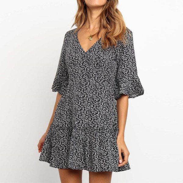 

women summer dress floral print chiffon beach dress 2020 boho style v-neck sundress tunic vintage party vestidos1, White;black