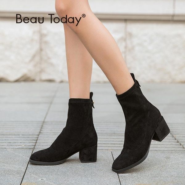 

boots beautoday elastic ankle sock brand square toe stretch fabric autumn winter high heel lady shoes handmade 033561, Black