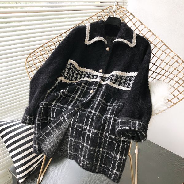 

2021 knitted new fall retro lapel mid-length vison cashmere plaid reuniting soft women's jacket khja, Black;brown