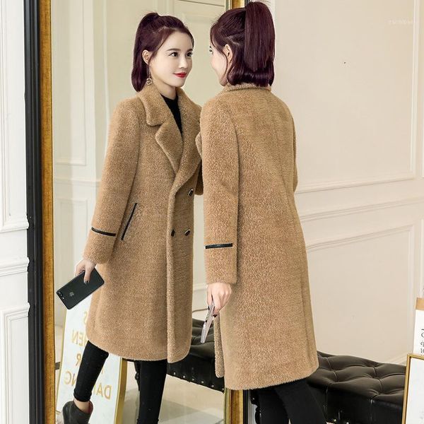 

mink coat medium length 2021 winter new women's wear small thick woolen white woolen coat1, Black
