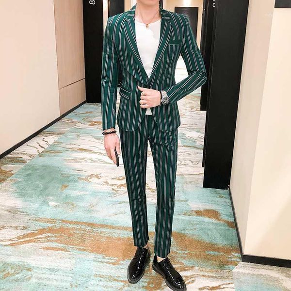 

blazers jacket+pants suit men 2 pieces striped mens slim fit single button tuxedo business casual uniform fashion kpop suits1, White;black