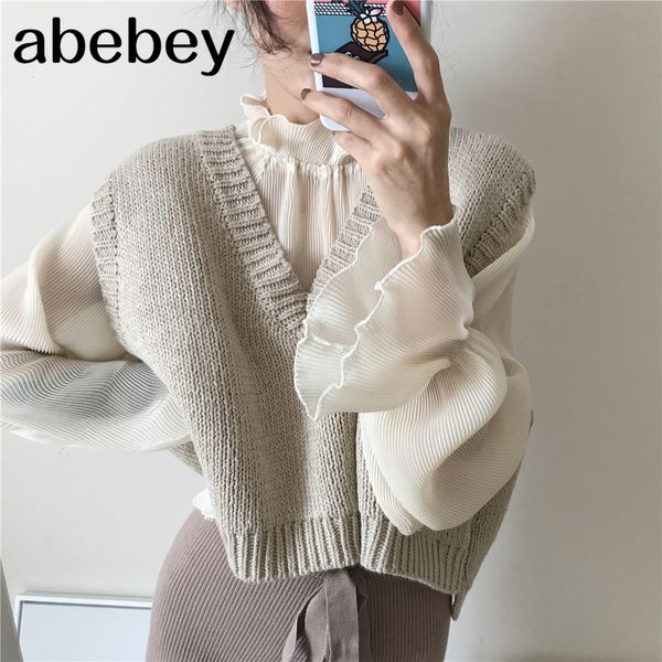 

vest women 2020 apring autumn women korean chic vest female casual solid loose short v-neck knitted vest beige women clothing lj201127, White;black