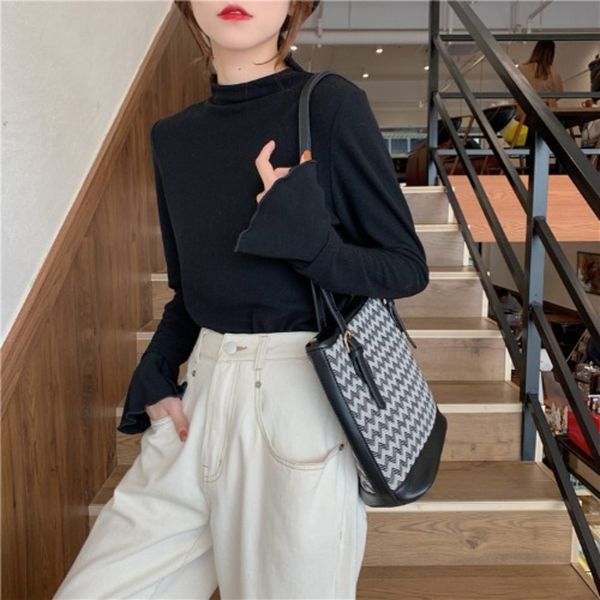 

autumn 2020 new korean style loose t-shirt and versatile small high neck wave ee long sleeve bottom t-shirt 23195 lzjmv, White