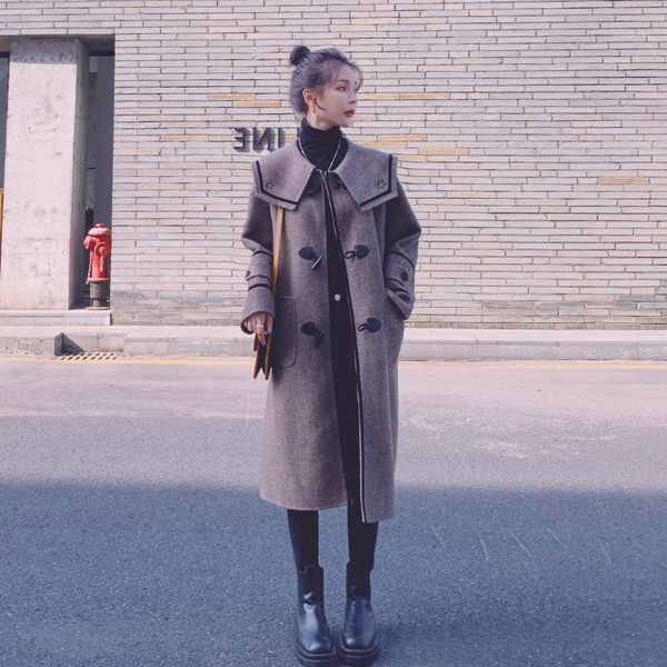 

real scow horn button coat women's college wind wool fried street coat1, Black