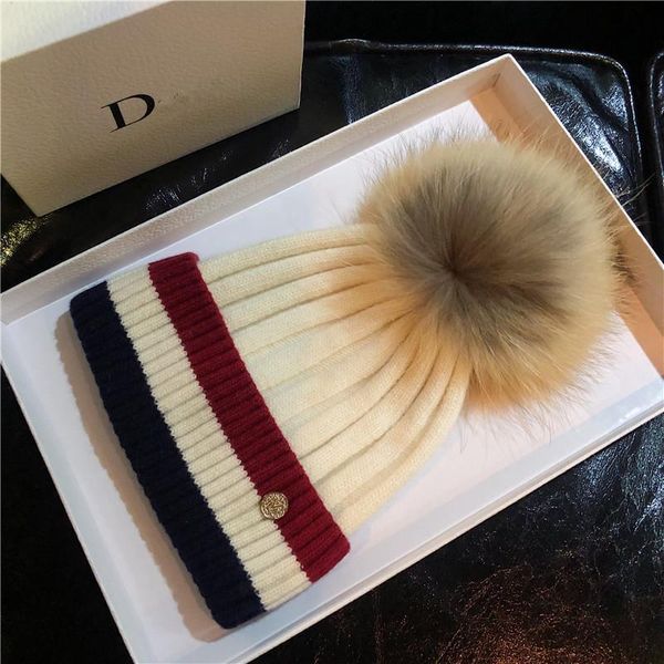 

2020 winter fur pompom hat for women knit beanie winter real raccoon fur pom pom wool hats, Blue;gray