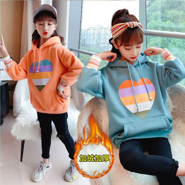 

korean winter girls' clothing 2020 plush new sweater middle school children's printed hooded warm pullover, Black