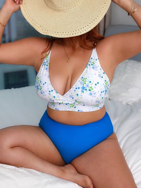 

plus floral print high waisted bikini swimsuit e4ym#, Black