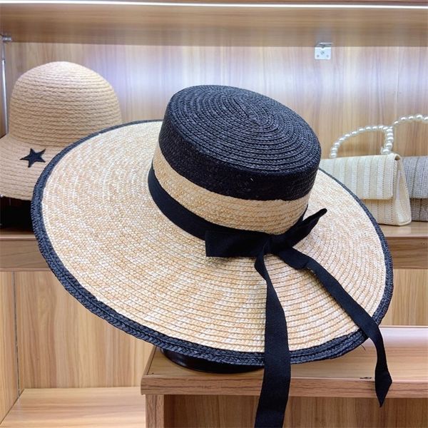 

big brim wome sun hat lady black beige wheat straw fedora wide brim beach hat fine braid ribbon bowknot summer boater hat upf50+ y200714, Blue;gray