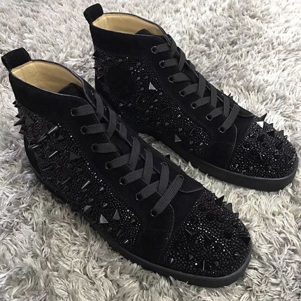 

new designer high red bottom sneakers men casual luxury spikes and rhinestones red sole dress party wedding shoes size 39-46, Black