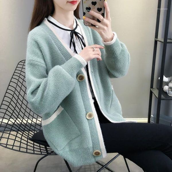 

sweater jacket women spring autumn wear korean loose sweater jacket fashion lazy knit cardigan 2020 new long sleeve l2001, White
